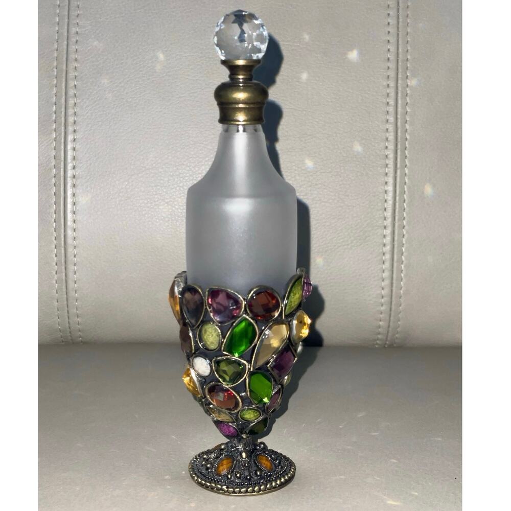 Large 6.75" Vintage Jeweled Frosted Glass Perfume Bottle - Antique Brass Decor